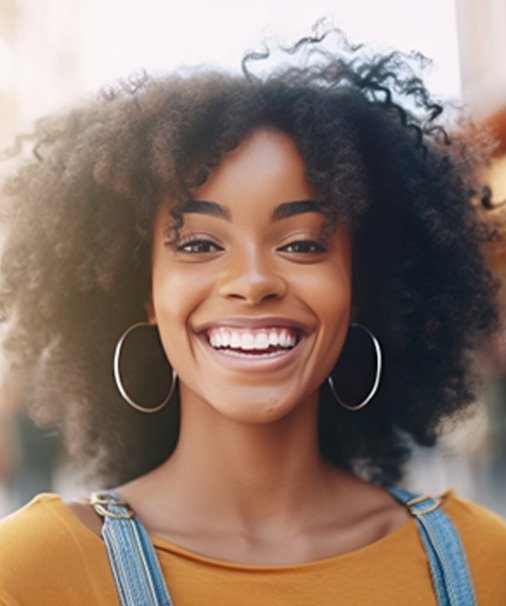 Woman in orange shirt outside and smiling