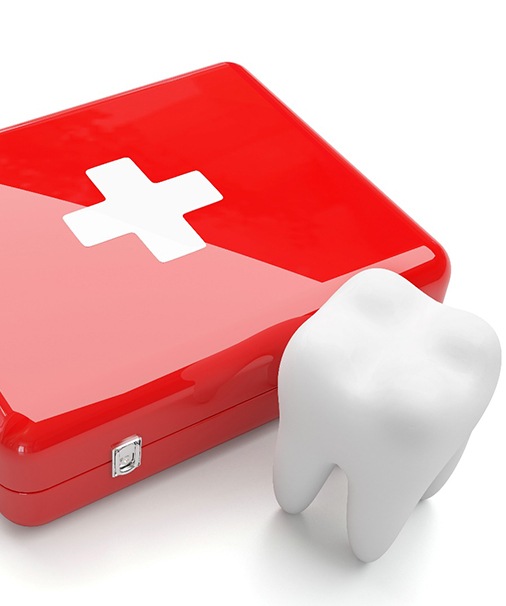 Illustration of large tooth standing next to an emergency kit