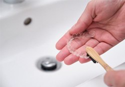 Patient using toothbrush to clean aligner