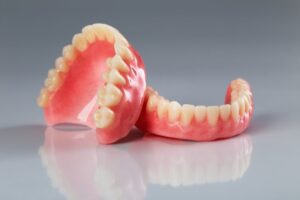 A set of dentures on a gray background